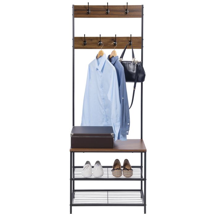 Meuble dEntrée 3 en 1 - WOLTU Portemanteau - Banc et Étagère à Chaussures - Métal+Bois - Noir+Brun foncé Meuble dEntrée 3 en 1 - WOLTU Portemanteau - Banc et Étagère à Chaussures - Métal+Bois - Noir+Brun foncé