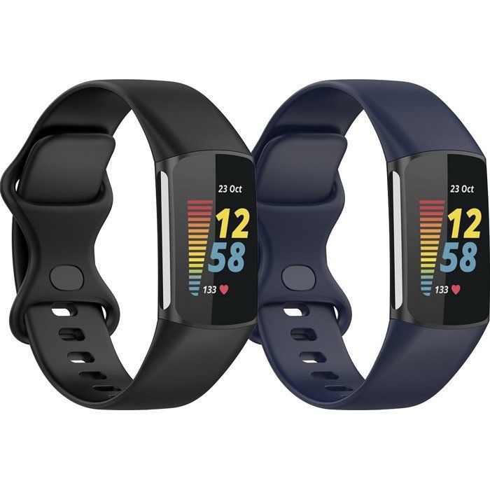 Stravo Lot de 2 Bracelets Sport Premium Silicone Souples et Confortables pour Fitbit Charge 5/6 Taille S/M - Noir + Bleu foncé