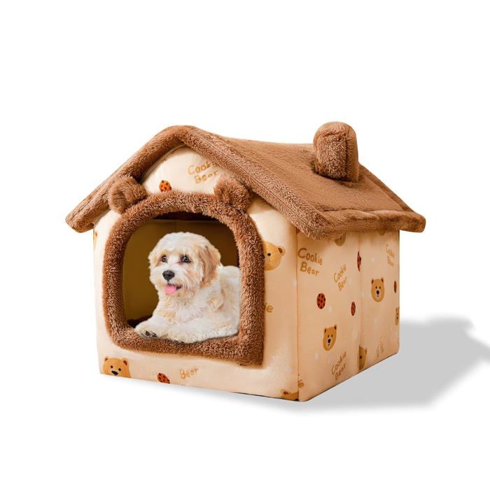 Lit-grotte pour chats et chiens igloo en peluche chaude maison pliable et confortable fond antidérapant (S ours brun)