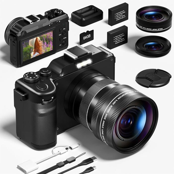 Appareil Photo Numérique 5K, Zoom 16x 72 MP, écran LCD 180 ° F/3.2 AF Autofocus 8 Modes Avec Flash WiFi Compact Portable UHD Vlogging Camara Pour Photographie De Voyage (Noir