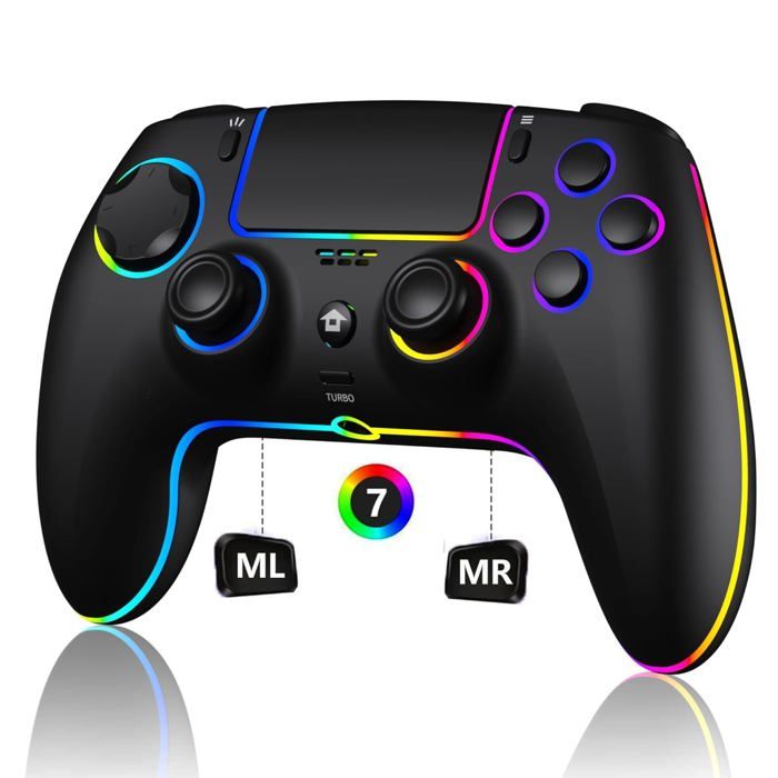 Manette PS5/PRO Sans Fil Noir Eclairage RGB 7 Couleur/Joystick Effect Hall/Double Vibration/Turbo/Prise Casque/1500 mAh
