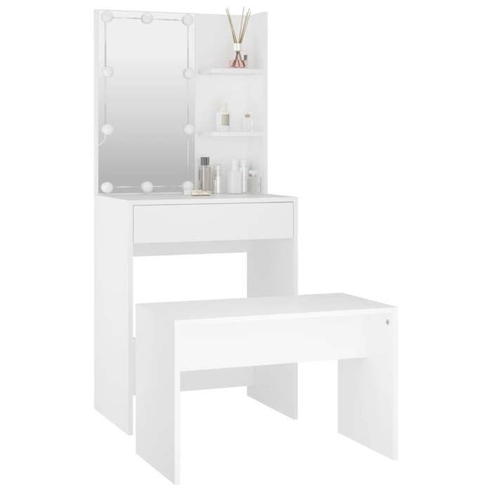 Coiffeuse avec LED - WIENS - Blanc - Bois dingénierie - 60x40x140 cm - Tabouret inclus - Miroir avec LED
