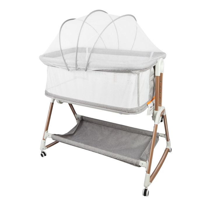 Lit Bébé Cododo avec Matelas et Moustiquaire - 6 Hauteur Réglable - Inclinaison - 90x60x90-115 cm - Gris+Or - LVHCMFOHM