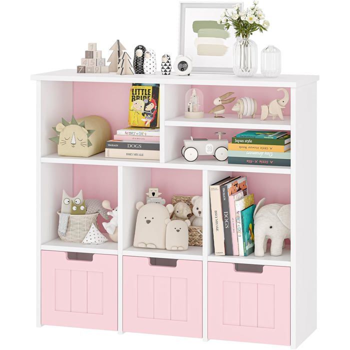 Étagère de Rangement Enfant pour Jouets et Livres 3 Tiroirs 6 Cubes Étagères Organisateur de Jouets pour Chambre d’Enfant