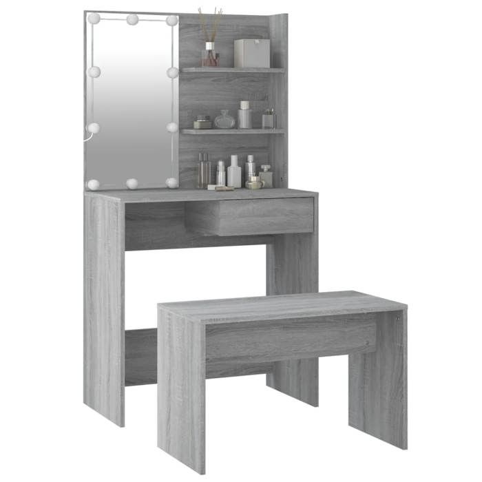 Moderne Ensemble de coiffeuse - JILLS - Meuble de chambre - avec LED - Sonoma gris - Bois dingénierie - 74.5x40x141 cm CCC245