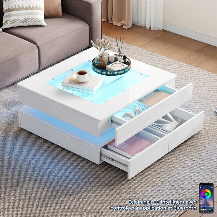 Table Basse Carrée Blanche Brillant en Plateau Verre avec Lumières LED Multicolores Table Basse&nbsp;Salon Moderne avec Tiroirs 70x35 cm