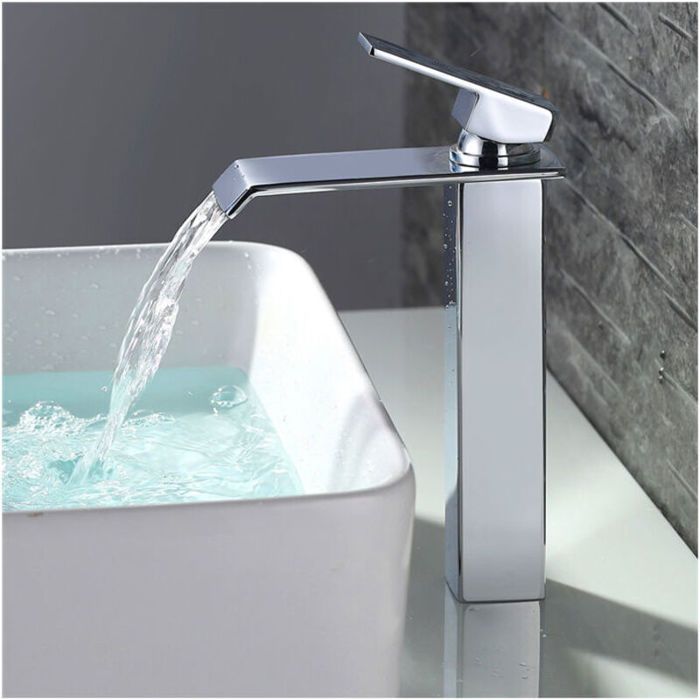 Robinet Salle de Bain Cascade Mitigeur de Lavabo Bec Haut Robinetterie pour Vasque Chromé Design Moderne-