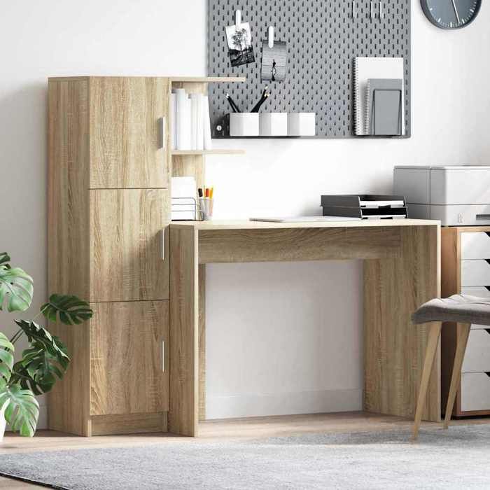 NEW 2026 Bureau lot de 2 avec Haut meuble Entretien facile Chêne Sonoma 133.5x50x124 cm L1547