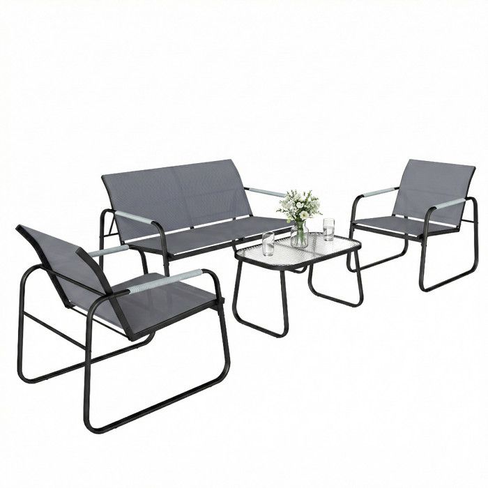 Salon de jardin - ensemble de terrasse - Outsunny - 4 pièces accoudoirs corde tressée - acier et textilène - 111x71x75cm - gris Salon de jardin - ensemble de terrasse - Outsunny - 4 pièces accoudoirs corde tressée - acier et textilène - 111x71x75cm - gris