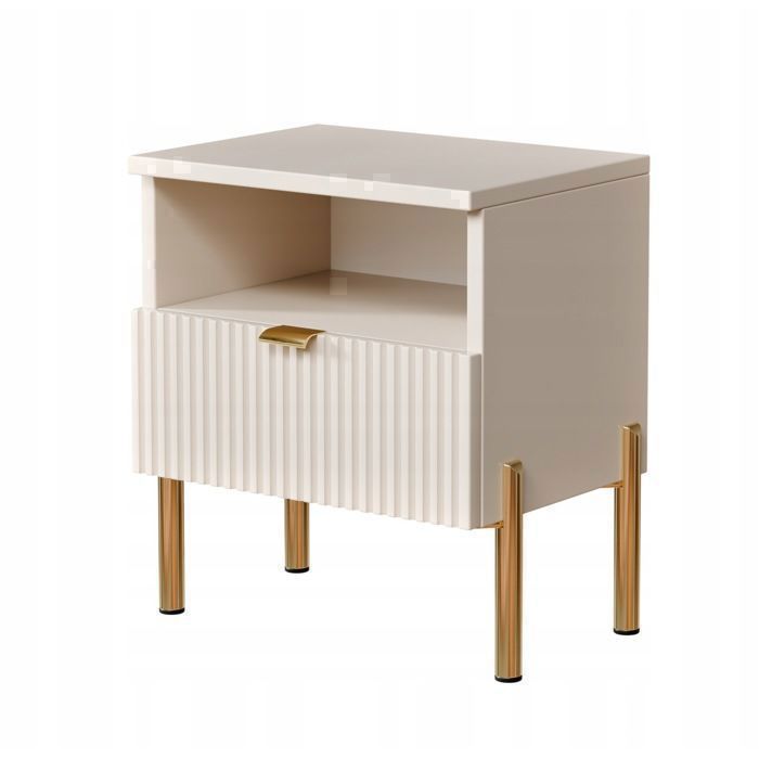 Table de Chevet Cachemire Moderne – Façade Rainurée Pieds Métal Dorés Meuble de Chambre Rangement Pratique 40x30x44 cm