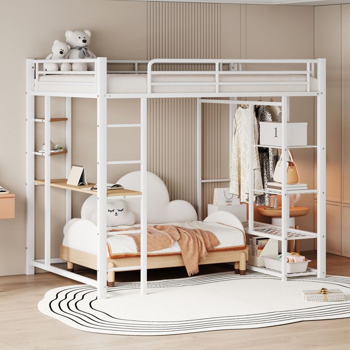 Lit mezzanine 2 places 140 × 200 cm avec bureau penderie et étagères sans matelas métal blanc - UVRION