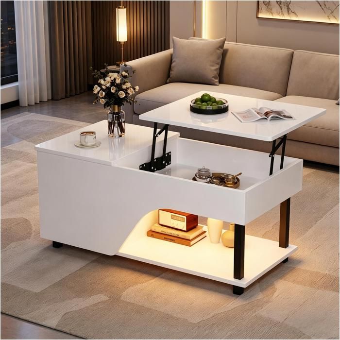 Table Basse Relevable LED 100 cm Table de Salon avec Rangement Caché Hauteur Réglable 46-60 cm Étagère Latérale - Blanc Brillant
