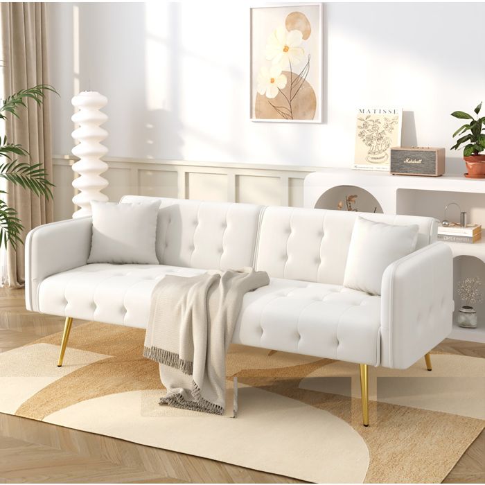 SENVIRO canapé convertible deux places sofa lit dossier inclinable velours blanc ancien 215x82cm
