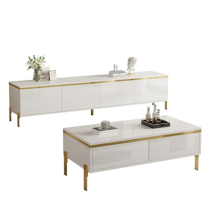Ensemble meuble TV et table basse moderne - Surface brillante - Bords dorés - Rangement généreux - Panneau de particules