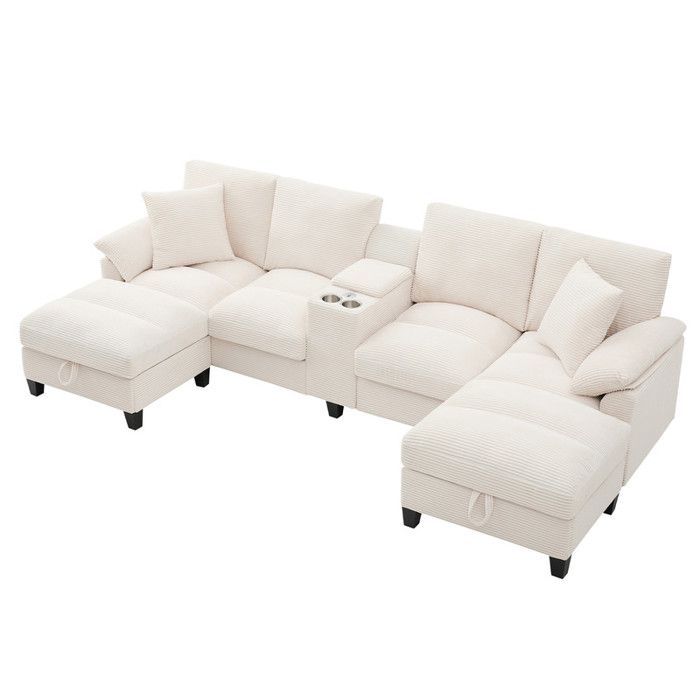 Canapé forme U 4 places en velours côtelé avec rangements porte-gobelets inox 2 ports USB et coussins adapté salon chambre-Beige