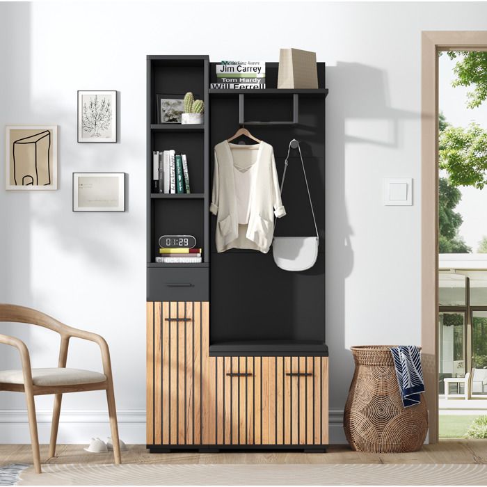 WOVREO meuble d’entrée 80 x 35 x 175 cm avec banc à chaussures 2 placards 1 tiroir 2 crochets noir et bois naturel