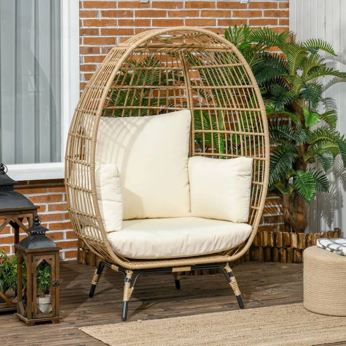 Fauteuil œuf suspendu jardin avec coussin épais assise relevable résine tressée et métal khaki 105x97x150 cm