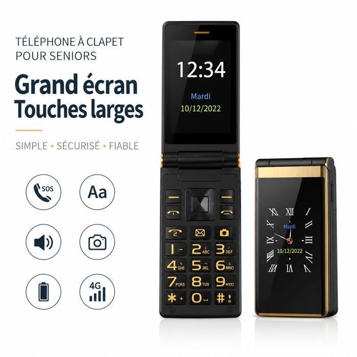 Téléphone senior – Double écran 4G touches larges SOS – Pour seniors – 3 pouces Doré