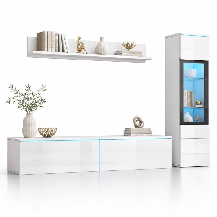 ELVORIN Ensemble TV mural 3 pièces blanc brillant avec LED meuble TV 180 cm vitrine étagère murale