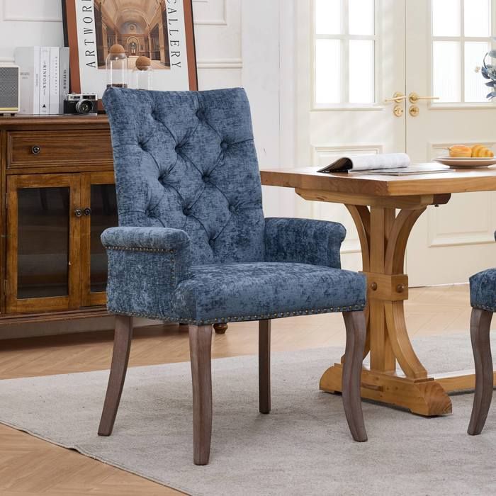 Chaise de salle à manger - ZEVKOR - Chaise de salle à manger 1 - Tissu chenille - Dossier capitonné haut - Pieds en bois