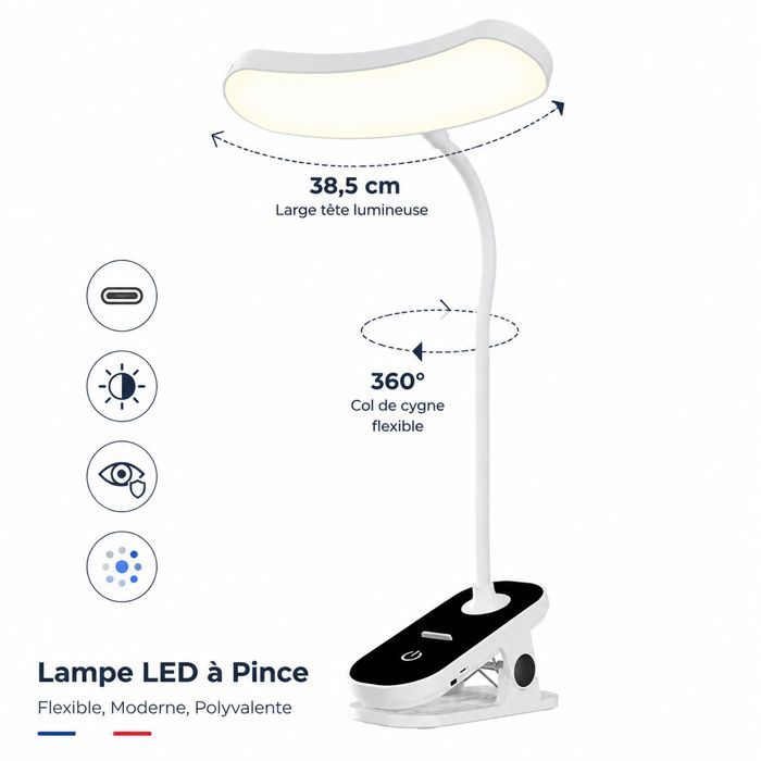 Lampe de lecture – LED rechargeable sans fil anti-lumière bleue réglable – pour étudiant bureau chambre – 38.5cm Noir