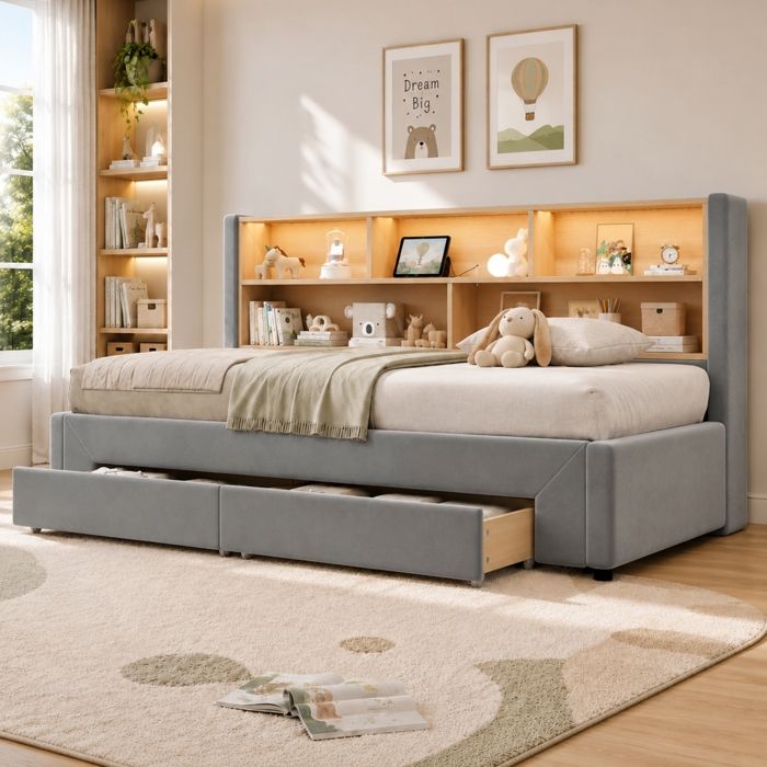Lit De Jour 90x200 Velours Gris Banquette Extensible FloraGrace Pour Chambre DAmis Avec 2 Tiroirs 201x108 5/194x83cm