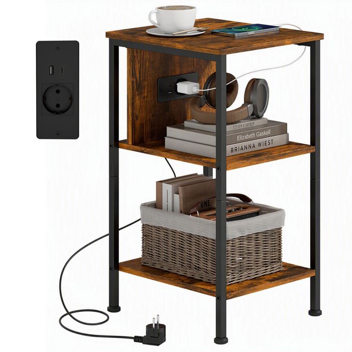 Table dappoint - HOMCOM - station de charge et 2 étagères ouvertes - style industriel - bois - 34 x 30 x 58 cm - brun rustique Table dappoint - HOMCOM - station de charge et 2 étagères ouvertes - style industriel - bois - 34 x 30 x 58 cm - brun rustique