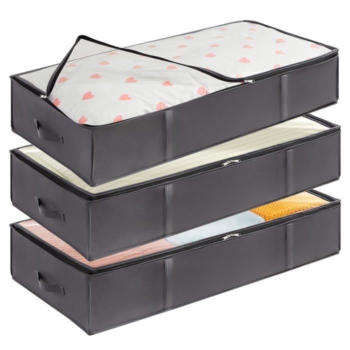 Lot de 3 Bacs Rangement sous Lit 90 L Tissu Gris Pliables Couettes Draps Vêtements Poignée Renforcée Placard Chambre