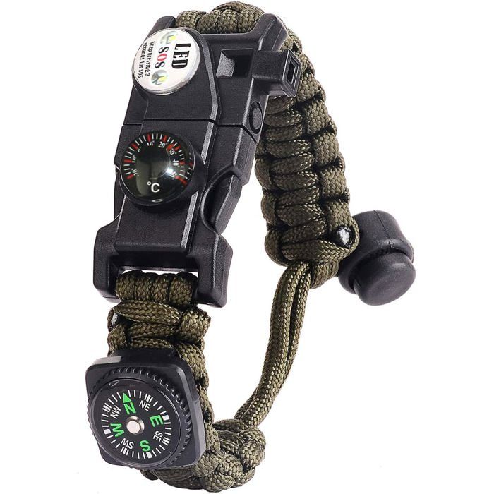 Lot de 1 Bracelet Paracorde Survie Militaire Homme Femme avec Silex Boussole Thermomètre Sifflet et Lumière LED
