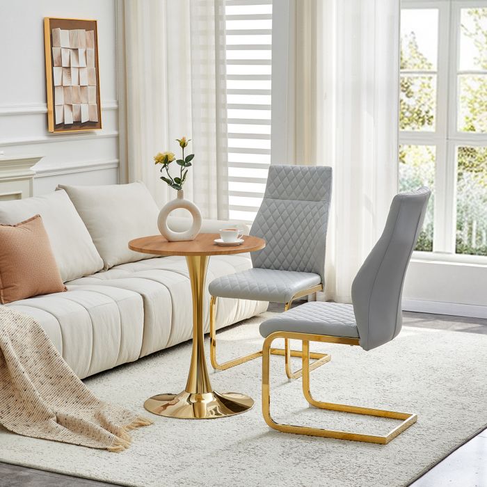 Pied central doré et chaises confortables pour coin repas ensemble table bistrot 60 cm avec 2 sièges gris clair