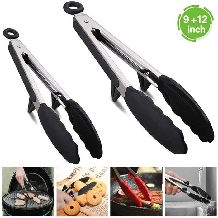 Pince resistant a la chaleur en acier inoxydable avec Silicone chefs, Pince de Barbecue,Pince de Cuisine,Pince De Service,2PCS,N