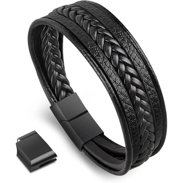 Bracelet Homme En Cuir Tressé Avec Gourmette Et Fermoir Acier - Style Chance/amitié - Neuf Avec étiquettes