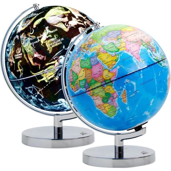 EXERZ Globe Lumineux 20cm - Carte Politique Et Constellations, Support Bois, LED