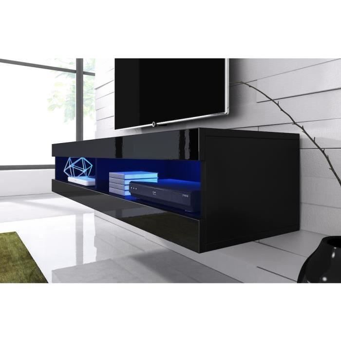 Meuble Tv Suspendu Noir Mat Facade Laque Avec Led Achat Vente