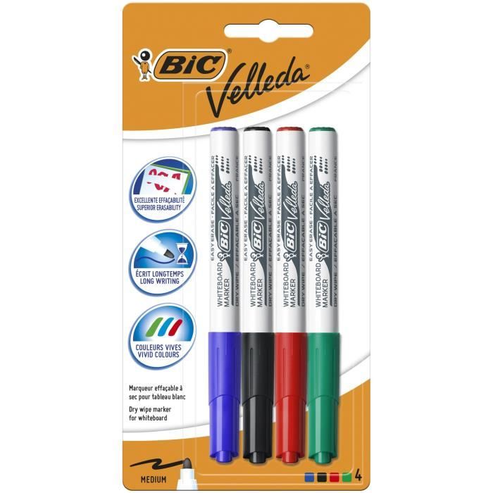 BIC Velleda 1741 Feutres pour Tableau Blanc Effaçables à Sec, Pointe  Conique Moyenne - Couleurs Assorties, Blister de 4 - Cdiscount Beaux-Arts  et Loisirs créatifs