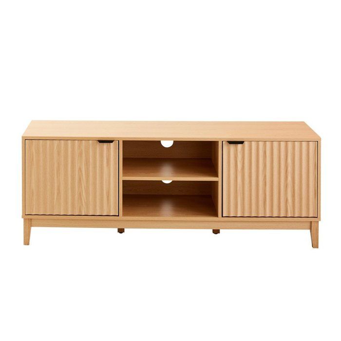 CALICOSY - Meuble TV 2 niches et 2 portes aux façades effet vague L140 cm - BOLOGNE - Bois clair