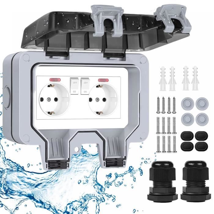 Prise Extérieure étanche IP66 - Double Prise Avec Volet De Protection - Idéal Jardin, Terrasse