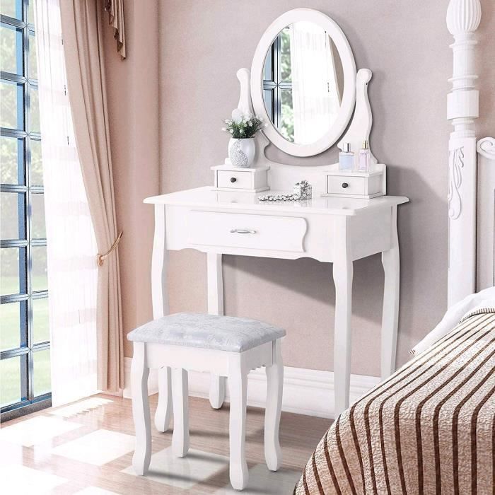 comanlai luxe rétro vanité -3 tiroirs-miroir ovale à 360 °- tableau -table de maquillage - vanité avec tabouret - blanc