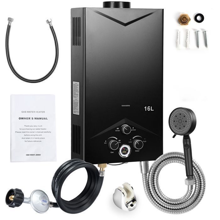 Chauffe-eau à Gaz - FLASIDU - 16L - 68000 BTU - 2.9-116PSI - 4.21GPM - Commande par bouton - Affichage numérique- 59*34*14cm- Noir