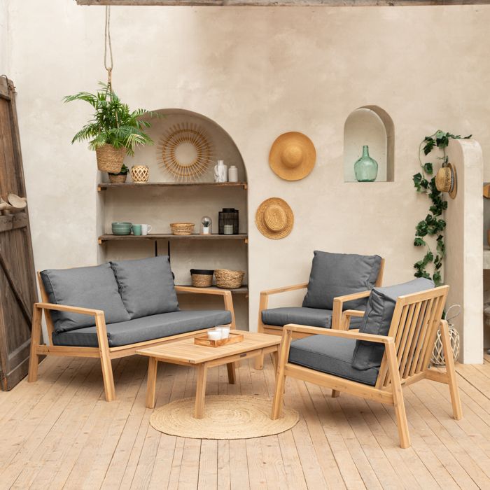 Salon de jardin en acacia massif 4 places GILI - coussins gris
