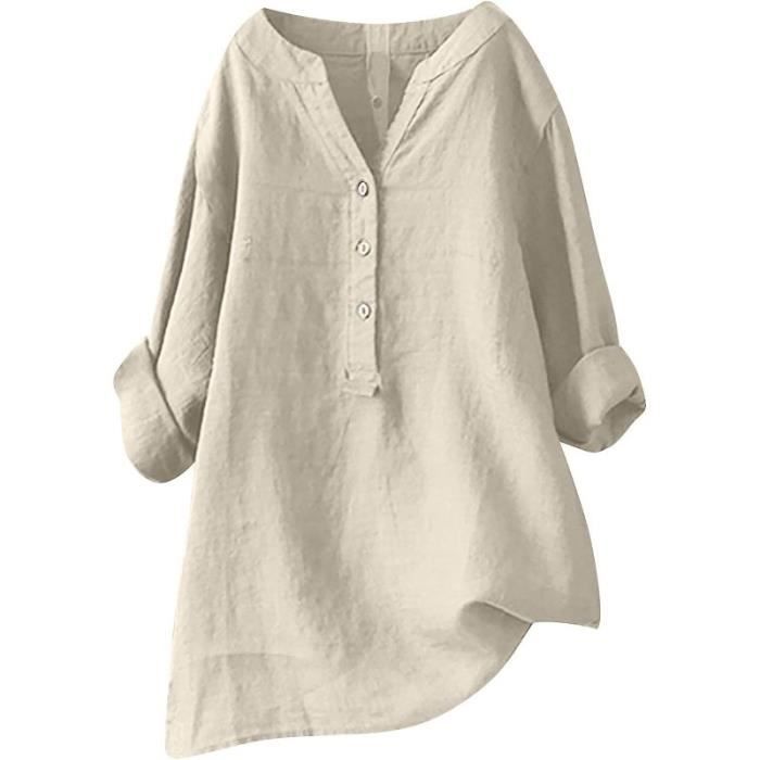 Chemisier Femme Manches Courtes En Coton/lin - Couleur Unie, Coupe Loose, Col V, Pour L'été Et Le Bureau