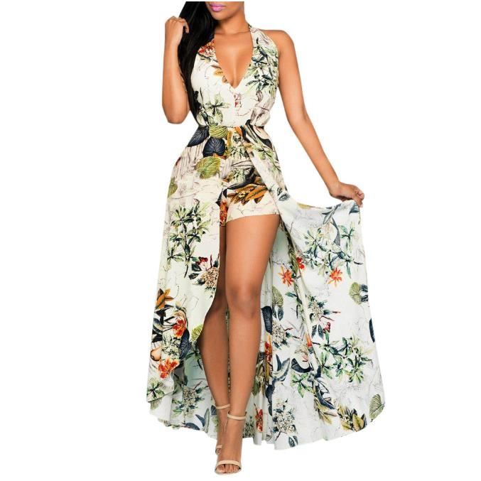 Combinaison Femme Robe Femmes Combishort a Licou Jupe Ete sans Manches Robe Boheme Dress Impression Fleur Combishort de Plage Short Blanc Cdiscount Pret a Porter