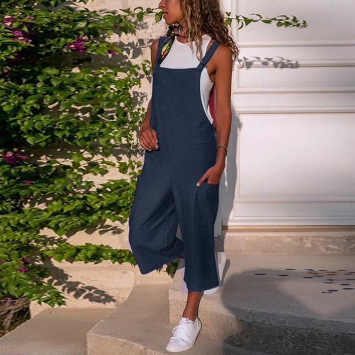 Rrongwn Combinaison Femme Coton Lin Salopette Baggy Sans Manches Bretelles Réglables Vintage Été