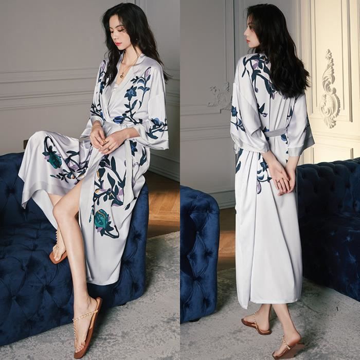 Peignoir pour Femmes ANNEFLY Robe de Nuit Satinee Robe de Chambre Maison decontractee Veste Vetements Chemise de Nuit style 1