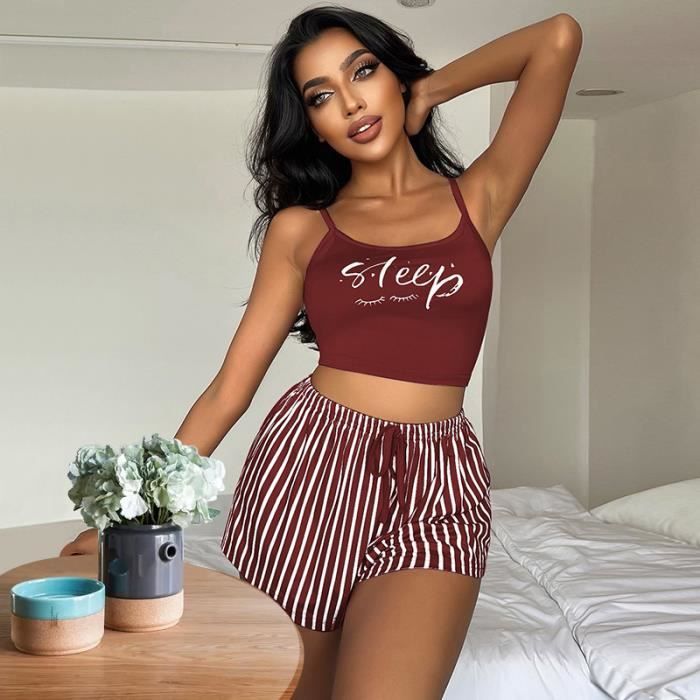 Pyjama sexy en coton a col en V FRCM8 Rouge Femme Adulte