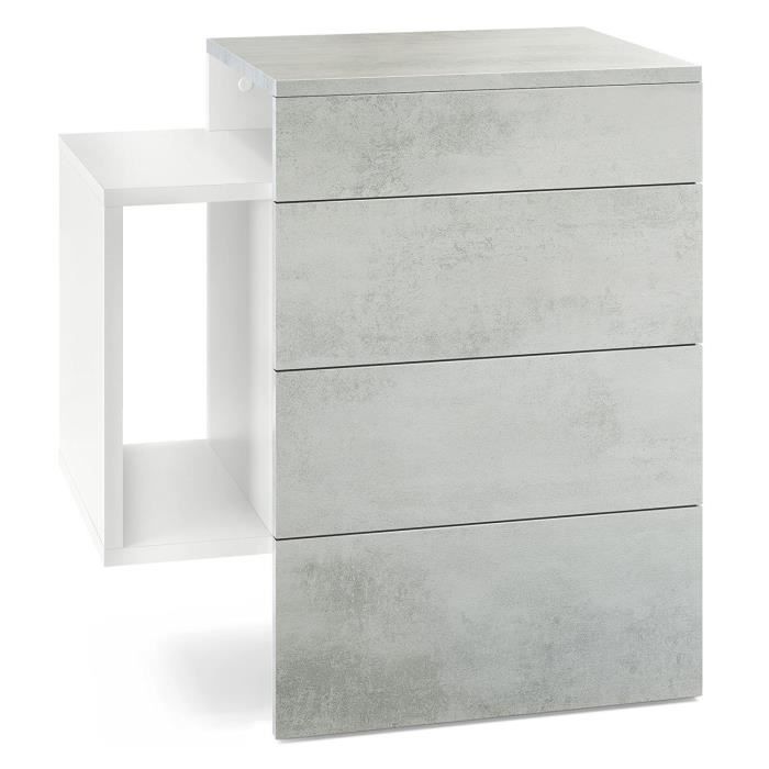 table de chevet - mpc - blanc mat et aspect béton - 2 tiroirs - 3 rangements