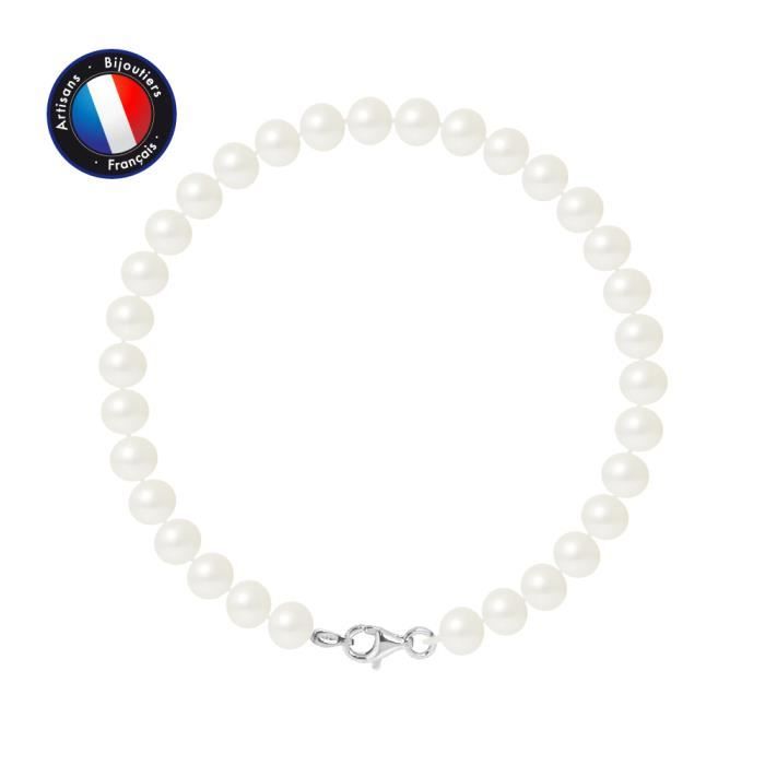 PERLINEA - Bracelet - Véritable Perle de Culture d'Eau Douce Semi-Ronde 6-7 mm Blanc Naturel - Mousqueton - Bijoux Femme