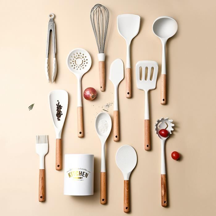 Set Ustensiles De Cuisine Silicone Et Bois - 22 Pièces Antiadhésif - Résistant à 448°F - Avec Crochets