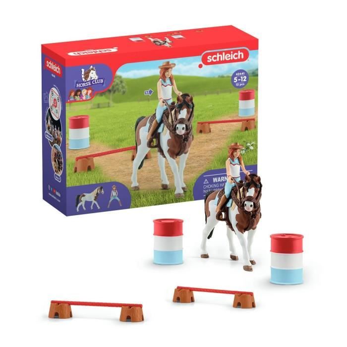 Cheval de Course d'Hannah - Coffret de 12 Jouets Schleich Rodéo avec Vachère - Figurine Cheval et Ac