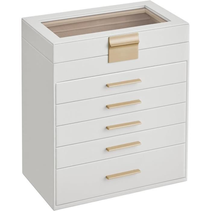 SONGMICS Boîte à Bijoux Écrin à Accessoires 6 Niveaux Coffre de Rangement pour Bijoux Couvercle en Verre 5 Tiroirs Blanc